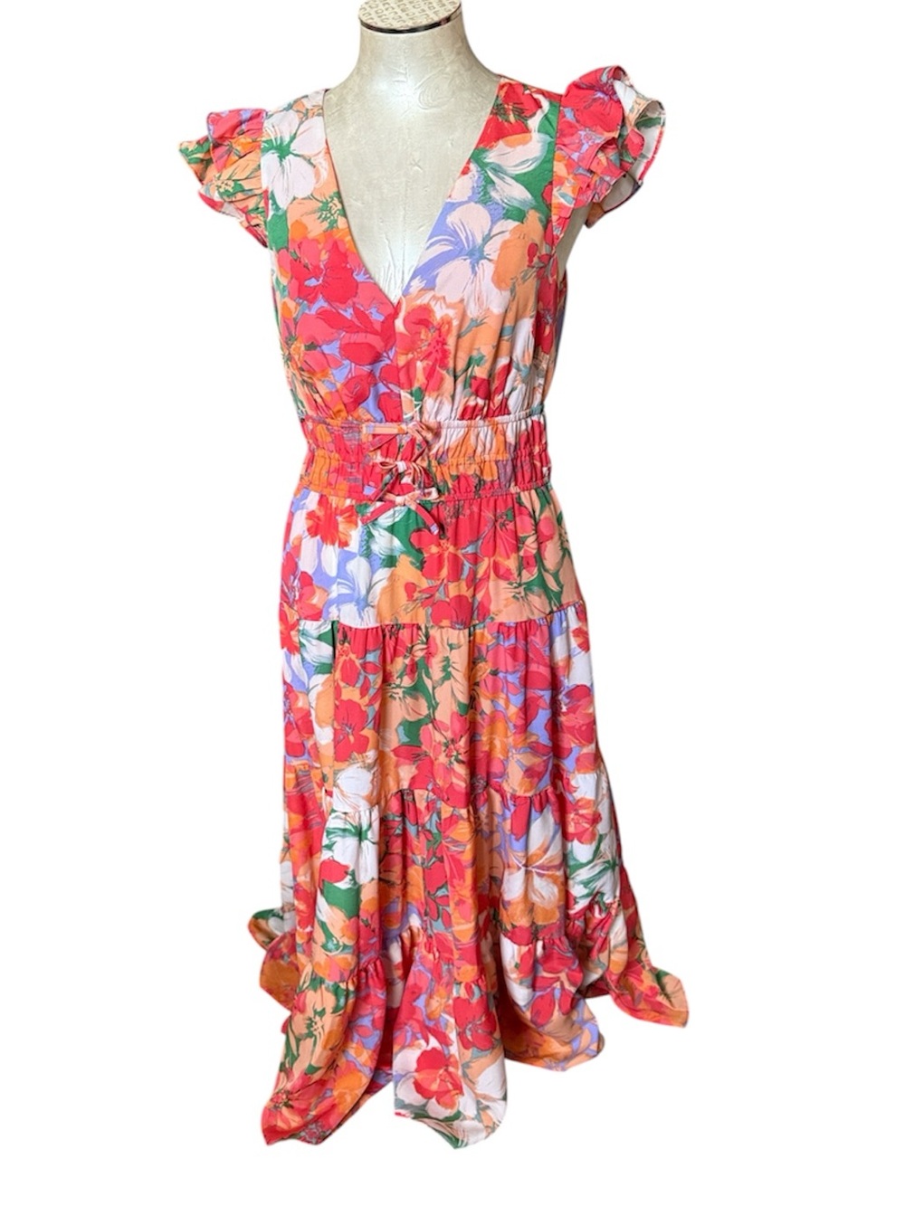 Vince Camuto Floral V-Neck Tiered Maxi Dress Coral Pink Orange Size 8